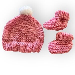 Hand‎ Crafted Pink Knit Hat and Booties Set
